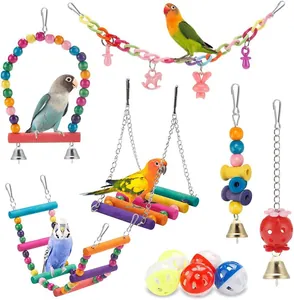 Complete 11-piece colorful bird toy set featuring hanging swings, ladders and balls