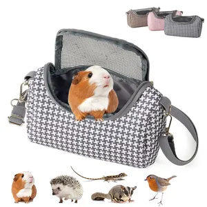 Houndstooth Cotton Small Pet Carrier Bag Breathable Mesh Crossbody Travel Bag For Hamster Lizard Bird Hedgehog Outdoor Bag