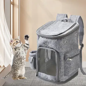 Large grey cat carrier backpack featuring breathable mesh and storage pockets for pet travel