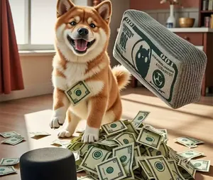 Λεπτομέρεια του Shiba Inu που παίζει με βελούδινα παιχνίδια σε σχήμα χαρτονομίσματος.