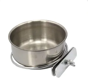 Detailed view of stainless steel pet bowl with screw-on cage mounting bracket
