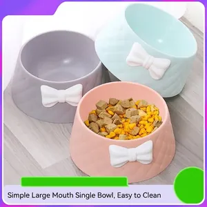 Macaron Color Pet Bowl with Bowknot and Quilted Pattern Deep Anti-Spill Plastic Cat Dog Feeding Bowl for Small Medium Pets