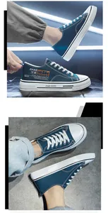 Casual blue low-top canvas sneakers for men with thick white rubber soles