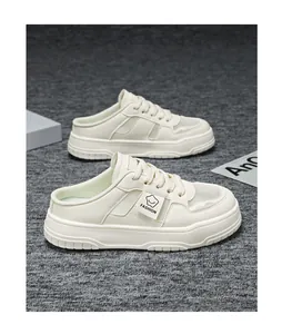 Detailed side view of white breathable mesh backless platform sneakers for women
