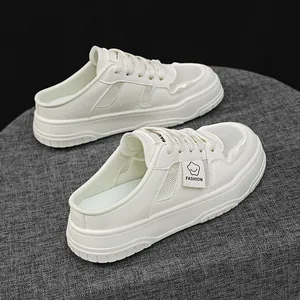 Breathable white mesh platform sports mules for women with casual lace-up design