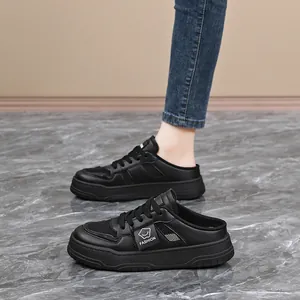 Black breathable mesh platform mule sneakers for women with a trendy backless design