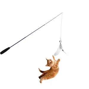 Action shot of an interactive telescopic cat wand with white feathers for kittens.