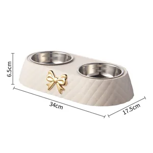 Luxury bow tie double pet bowls with stainless steel inserts for dogs and cats 34cm