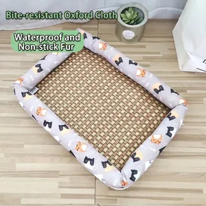 Sommer Haustier Kühlmatte Bett Atmungsaktiv Rattan Geflochten Wasserdicht Oxford Nest Für Kleine Mittlere Hunde Katzen Cartoon Print Kühlkissen