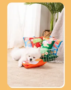 Cute plush squeaky potato chip bag dog toy with white Pomeranian sleeping