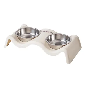 Stainless steel double bowl pet feeder with wave-shaped anti-slip base for dogs and cats