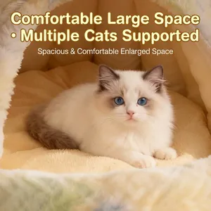 Cozy semi-enclosed plush pet bed for cats and small dogs featuring a fluffy ragdoll cat