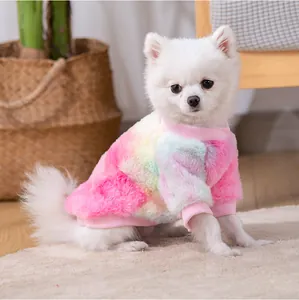 Vista laterale di un piccolo cane bianco con un maglione di peluche tie-dye per autunno