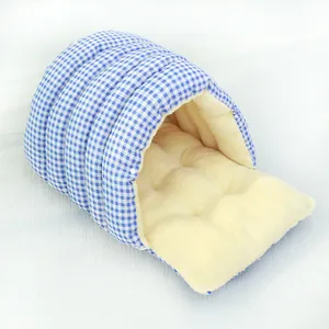 Comfortable blue and white checkered cat house with thick plush warm lining for winter