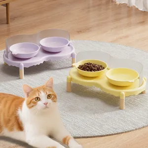 Ciotola in Ceramica per Gatti Set Doppia Ciotola Rialzata Antiscivolo Alimentatore Acqua Cibo per Cani Con Protezione Antispruzzo