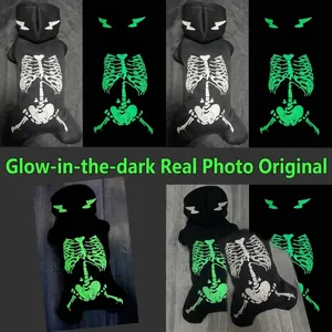 Detailed view of luminous skeleton pet hoodie showing glow-in-the-dark effect for dogs