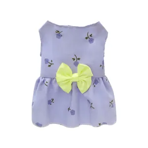 Purple floral pet princess dress with yellow bow for small dogs and cats