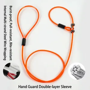 Detail view showing internal multi-strand steel wire and protective coating of dog leash