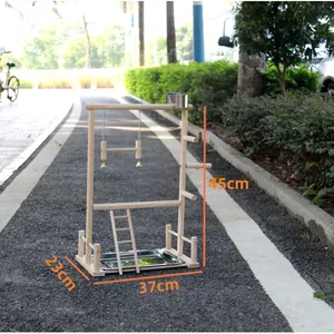 Detailed dimensions of the wooden parrot training stand with ladder and swing features
