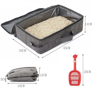 Bac à litière pour chat gris pliable et portable avec pelle rouge de 25 cm