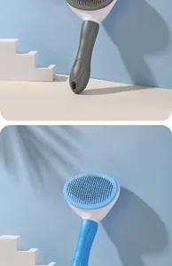 Close-up view of blue and grey self-cleaning pet grooming brushes with ergonomic handles