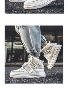 Vista laterale dettagliata di eleganti sneakers alte bianche con cinturini per uno stile urban