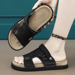 Sandalias de Lujo de Cuero de Microfibra para Hombre Uso Doble Pantuflas Moda Casual Suela Blanda Antideslizante Zapatos de Playa