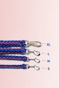Detail view of braided nylon dog leashes with upgrade hardware in S to XL sizes