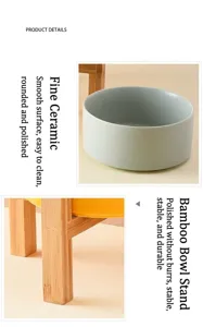 Close-up detail of smooth delicate ceramic pet bowl and sturdy bamboo stand for dogs