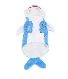 Front view of shark-shaped plush pet costume featuring soft white lining and hood