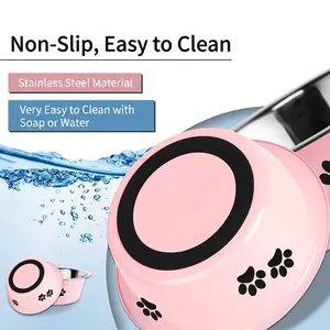 Large capacity pink stainless steel dog bowl with anti-slip base and paw prints