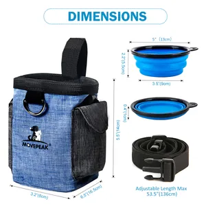 Dimensions of pet treat bag, collapsible bowl, and adjustable waist strap set