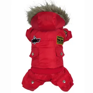 Thick red waterproof dog winter coat featuring a faux fur hood and USA embroidery detail