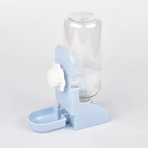 Detail showing automatic pet water dispenser with blue base and secure cage mount.