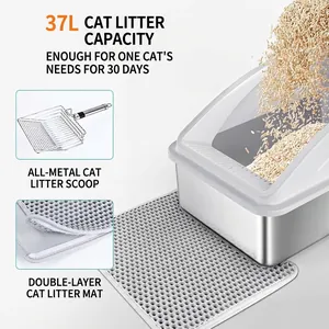 Large 37L stainless steel semi-enclosed cat litter box set with mat and metal scoop