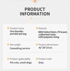 Detailed specifications for grey Oxford fabric portable pet carrier bag for cats and dogs