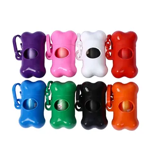 Set of eight bone-shaped pet waste bag dispensers in multiple colors for portable cleaning.