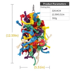 Detailed view of a large colorful parrot chew toy made of knotted ropes and wood with dimensions