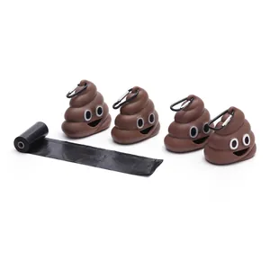 Detail shot of four poop emoji-shaped pet waste bag dispensers with black carabiners.