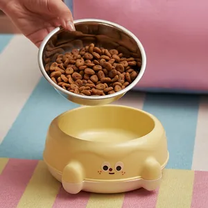 Detachable stainless steel pet bowl with cute yellow cartoon base for cats and dogs