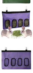Purple hanging rabbit hay feeder bag with 4 holes for small pets shown empty and in use