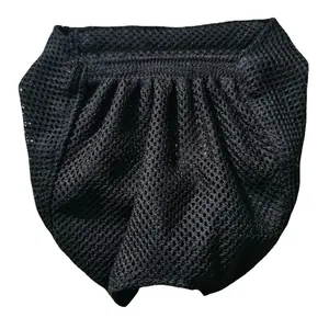 Close-up macro view of the breathable black honeycomb mesh fabric on a cat muzzle mask.