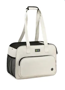 Portable pet carrier bag with breathable mesh side pocket and front zipper compartment.