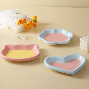 Cute hand-painted heart and cat shaped ceramic pet bowls for small cats and dogs