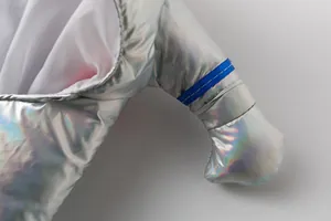 Close-up detail of silver iridescent pet astronaut suit with blue stitched decorative band