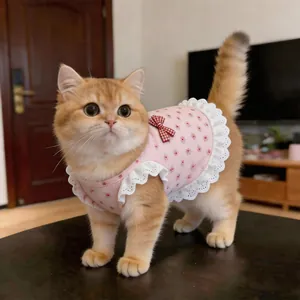 Dettaglio di un gilet rosa a fiori per animali con bordo in pizzo e fiocco rosso
