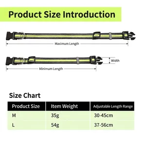 Maattabel voor reflecterende nylon hondenhalsband met gewichts- en lengtespecificaties