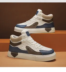 Close-up detail of stylish mid-top white sneakers with knitted collar and blue accents.