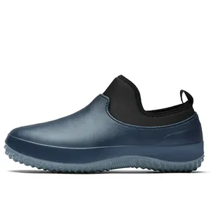 Detail view of waterproof blue slip-on wading shoe with black elastic collar