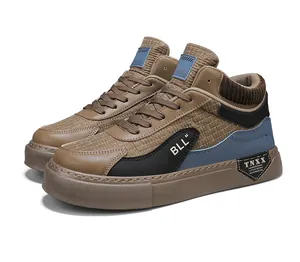 Side view of brown mid-top casual sock sneakers for men with stylish lace-up design